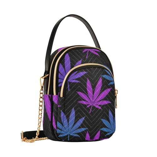 Purple Blue Gradient Leaves Black Shoulder Handbags for Women Cute Animal Chain Strap Phone Wallet Handbag Quilted Ladies Tote Crossbody Satchel2