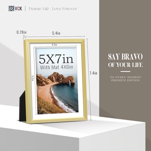Image of VCK 5x7 Picture Frame Gold Metal, Real Glass, 4x6 Mat, 3 Pack, for Print