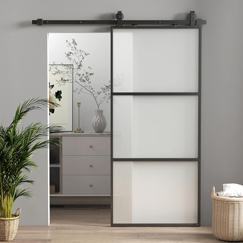 HOMCOM Glasschiebetür Komplettset mit Softclose Zimmertür 91x203 cm Wandmontage Schiebetür Schiebetürsystem mit Laufschiene Innentüren Komplett-Set für Schiebetüren Trennwände Schwarz