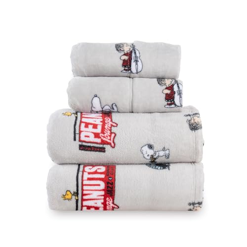 Berkshire Peanuts® Velvetloft® Plush Queen Bed Sheet Set,Extra Warm Fleece Sheets,4-Piece Cute Character Snoopy Printed Soft Plush Sheet Set,Jazz Lounge Grey Red