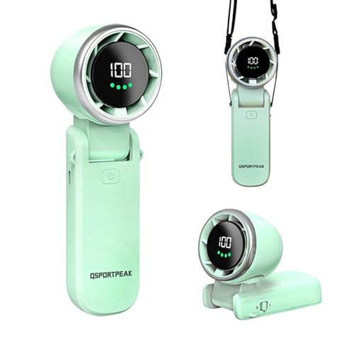 QSPORTPEAK Ventilador Mini Portátil con Batería Recargable 4000mAh,Ventilador USB, Ventilador de Mano Plegable sin Aspas Turbo Pequeño con Pantalla LED, Adecuado para Viajes/Acampada/Exteriores,Verde