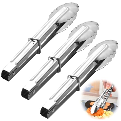 Set di 3 mini pinze da portata in acciaio inox, 17,8 cm, pinze per ghiaccio, piccole pinze in metallo per servire cibo, cucinare insalata, grigliare, antipasti, buffet (argento)
