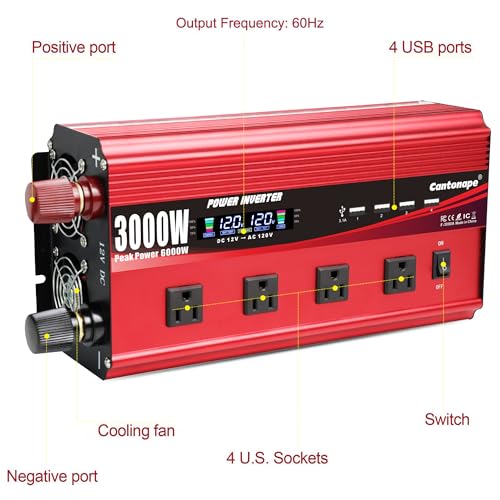 Cantonape 3000W Power Inverter 12V to 110V/120V DC to AC with LCD Display, Remote Controller 4 x AC Outlets and 4 x 3.1A USB Car Adapter for Car Truck Boat RV Solar System