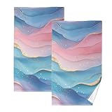 Juego de 2 toallas de mano decorativas de estilo artístico fluido, color rosa intenso, turquesa y verde, toallas de mano bendecidas para baño, 100% algodón, tamaño 16 x 28 pulgadas