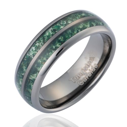 100S JEWELRY Gunmetal Tungsten Rings For Men Wedding Band Green Moss Agate Inlay Dome Edge Polished Finish Size 6-16