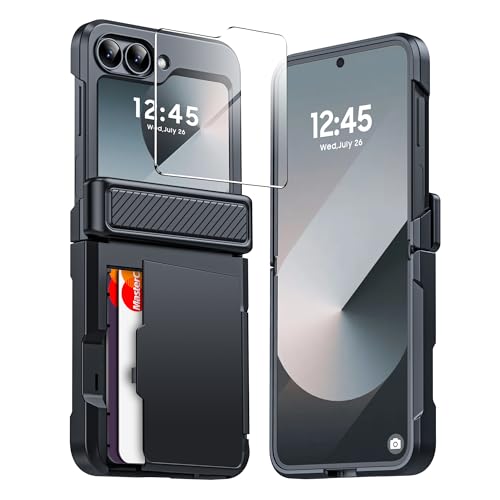 Image of Midkart Card Holder Case Compatible with Samsung Galaxy Z Flip 6 / Z Flip 7 FE with Hinge Protection Built-in Screen Protection Armor Cover Shockproof, Black