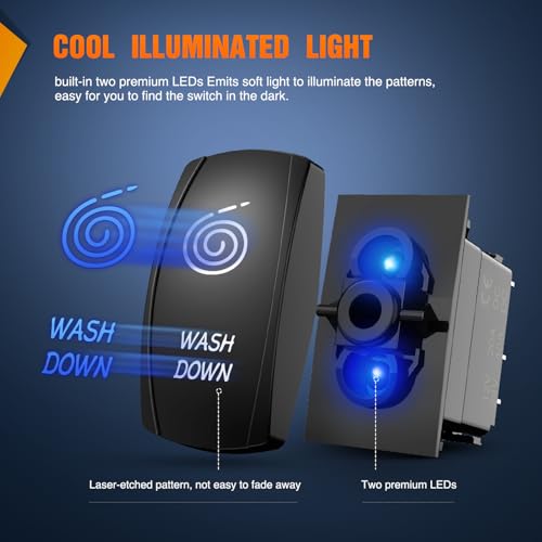Image of Nilight Wash Down Rocker Switch Led Light Bar 5 Pin Laser On Off | SPST Switches 20A /12V 10A /24V Blue with Jumper Wires Set for Cars Trucks Boats ATVs UTVs RVs
