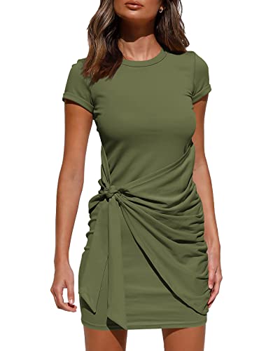 BTFBM Women 2026 Summer Casual Short Sleeve Ruched Bodycon Tank T Shirt Dress Tie Waist Sun Beach Spring Mini Dresses(Short Sleeve Army Green, Large)