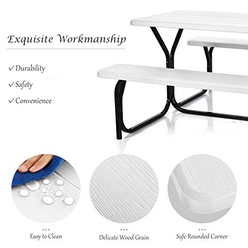 Giantex Picnic Table Bench Set Outdoor Camping All Weather Metal Base Wood-Like Texture Backyard Poolside Dining Party Garden Patio Lawn Deck Large Camping Picnic Tables for Adult (White)