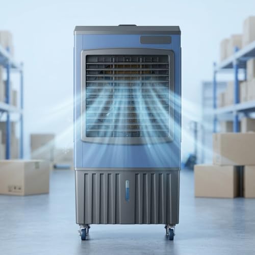Enfriador de aire evaporativo portátil para uso en exteriores, distancia de flujo de aire de 49 pies, capacidad de 18.5 galones para patio, garaje, espacios comerciales
