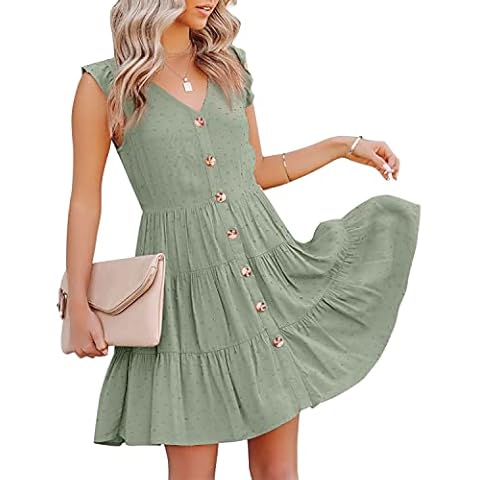 ROYLAMP Women's Casual Swiss Dot Dress Ruffle Sleeves Button up V Neck Tunic Flowy Swing Pleated Hem Dresses, Army Green, Small Cover