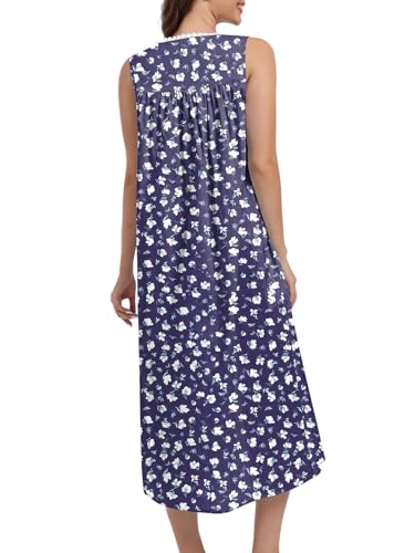 FMIRREO Cotton Nightgowns for Women Sleeveless Tank Night Gown Soft House Dress Ladies Long Nightdress Royal Blue White Flowers Large - image 4