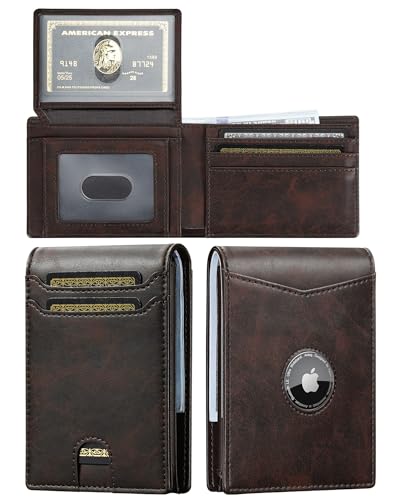 furid Air Tag Wallet Men: Wallet with Airtag Holder - Wallet for Airtag Men Slim Minimalist with ID Window RFID Leather Wallet