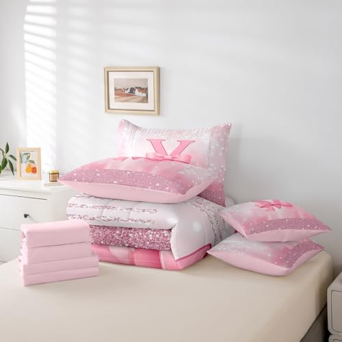 Image of Feelyou Boys Girls Pink Bowknot 7 Pieces Bedding Set King Size, Personalized Initial V Bed in A Bag Kids Princess Glitter Comforter Set with Sheets Bow Monogrammed Teens Bed Set Bedroom Decor 7Pcs