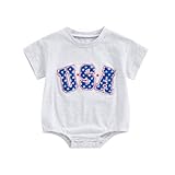 FEIBEL 4th of July Baby Outfit Infant Boy Girl Bubble Romper USA Embroidery Short-Sleeve Crewneck One-Piece Holiday Outfit (Light Gray 3, 0-3 Months)