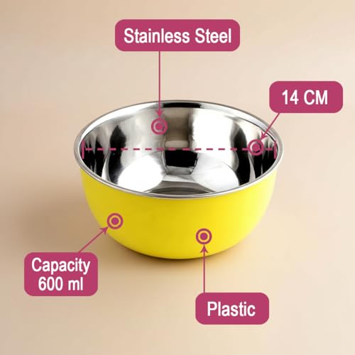 Image of Zaib Stainless Steel Microsafe Serving Bowl - 600ml Insulated Snack & Dessert Bowl (14 cm) (Yellow)