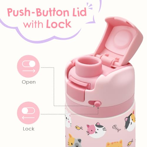 Image of Cat Kids Insulated Stainless Steel Water Bottle 16 Oz, Travel Tumbler for School, Sports for Girls, Birthday, Back To School (Pink)