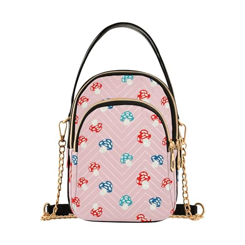 Cute Colorful Mushroom Pink Women Shoulder Handbag Quilted Cell Phone Purse Chain Strap Cute Zipper Ladies Clutch Satchel