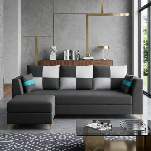 Image of FURNY Signature Cresta 4-Seater L-Shape Sofa Set with Movable Ottoman | Flexible LHS /RHS Layout | Boston Fabric | 40D Foam + Zigzag Spring | 3-Yr Warranty (Ash Grey - Light Grey)