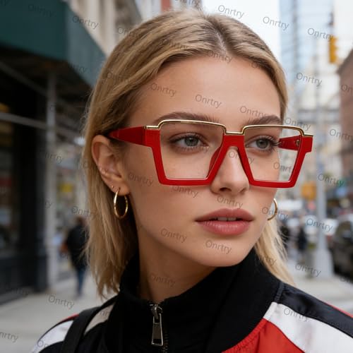 Image of Onrtry Oversized Square Blue Light Glasses for Women Men Fashion Semi Rimless Glasses Non Prescription Eyeglasses