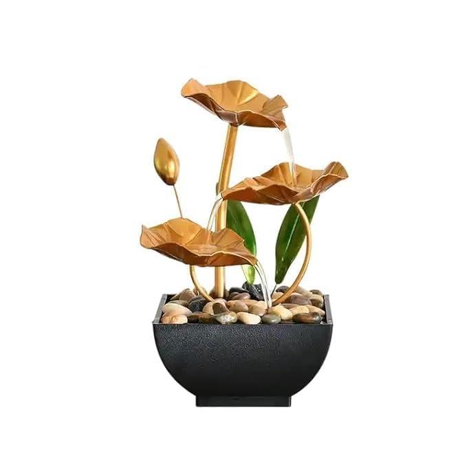 Raj Enterprise Metal Tabletop Water Fountain for Home, Office & Living Room | Indoor Waterfall Fountain with Lotus Leaves, Deep Basin and River Rocks | Relaxing Desktop Zen Decor (Golden)-image-1