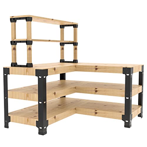 FLEXIMOUNTS Steel Workbench Kit 5 Legs with Shelf Brackets L Shaped Heavy Duty Work Bench for Garage Workshop Storage Shelving Workbenches Frame Black Customize Work Table Lumber Not Included