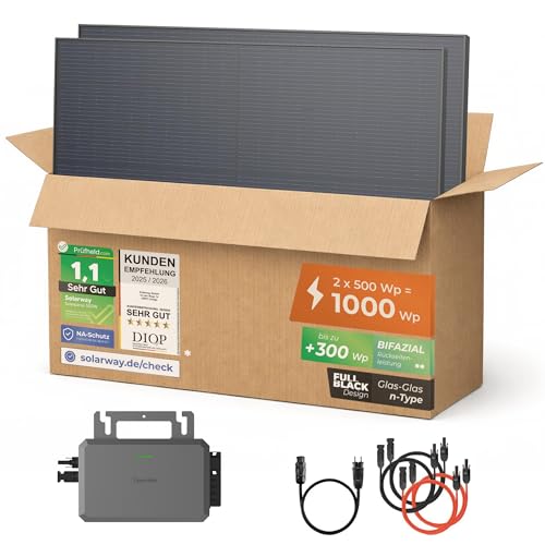 Solarway Balkonkraftwerk 800W mit 1000Wp Solarmodulen Komplettset mit Hoymiles HiFlow 800 Wechselrichter 2× 500W bifaziale Black Solarpanels Mini PV Anlage für Steckdose inkl. Zubehör
