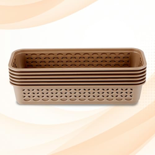 Image of RATAN PLASTICWARE Diana Tray Rectangular-Narrow (Pack of 6) Plastic Storage for Desk Basket /Organizers for Stationery, Jewellery, Tools,Kitchen, Office-Lt Brown