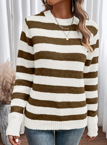 Image of Dokotoo Sweaters for Women 2026 Crewneck Striped Cute Color Block Fall Winter Knitted Pullover Tops