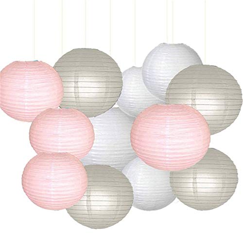 Pink Grey Party Decorations 12pcs Mixed Pink Gray White Paper Lantern Lamp Shades for Wedding Birthday Party Decoration/Baby Shower Decorations
