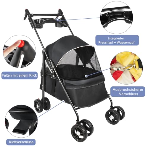 Homewell Klappbarer Haustierwagen mit Getränkehalter, Hundewagen & Katzenwagen, Leicht & Bequem mit Sicherheitsgurt, Atmungsaktiv, Stauraum, bis 20kg (Schwarz)