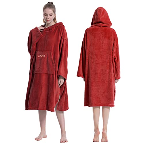 Hiturbo Bata cambiadora de felpa, manta mullida, toalla suave de gran tamaño con capucha, poncho de surf con bolsillo para acuáticos y hogar (rojo)