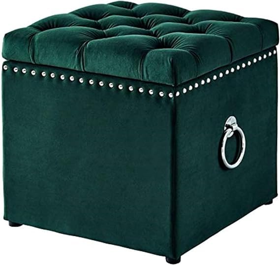 Wooden Square Stools for Sitting, Ottoman Stool Suitable for Bedroom and Kitchen Button Tufted Velvet Square Footrest Stool with Handle for Living Room (Rich Green)-image-20