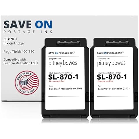 Compatible Pitney Bowes SL-870-1 Red Ink Cartridge (2 Pack) Inkjet Printer Ink for SendPro Mailstation CSD1 Postage Meter Machine - PB Replacement Printer Cartridge w/OEM Compatibility Cover