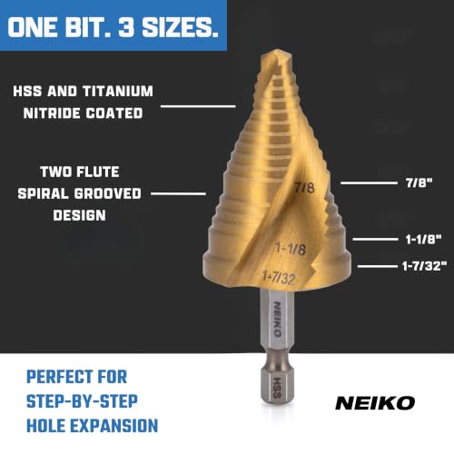 Image of NEIKO 10637A Step Drill Bit, 3 Steps 7 /8 inch to 1-7 /32 inch Spiral High Speed Steel, Titanium Nitride Coated, 1 /4 inch Quick Change Step Bits for Steel, Metal, Wood, Plastic, Unibit Cone Drill Bits, Two Flute