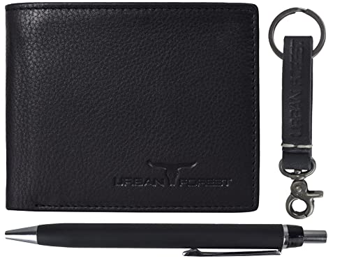 URBAN FOREST Weasley Black Leather Wallet, Keyring & Pen Combo Gift Set for Men