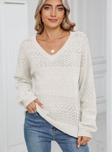 Image of JOCAFIYE Womens Sweaters Casual Long Sleeve V Neck Lightweight Hollow Out Pullover Sweater Tops