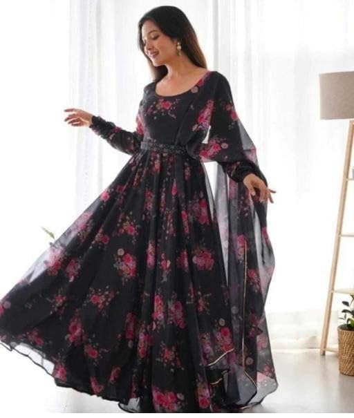Image of Elegant Floral Printed Long Kurti with Matching Dupatta in Flowing Poly Georgette Fabric for Graceful Ethnic and Festive