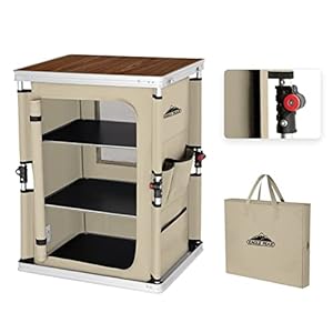 EAGLE PEAK Outdoor Folding Camping Table with Large 3-Tier Storage Organizer and Side Pockets, Easy Set Up Portable Aluminum Camping Kitchen, Beige