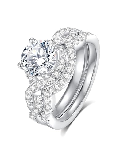Moissanite Rings for Women Moissanite Bridal Ring Sets Wedding Band Round Cut D Color VVS1 S925 Sterling Silver with 18K White Gold Plated Engagement Promise Valentine's Day Gift