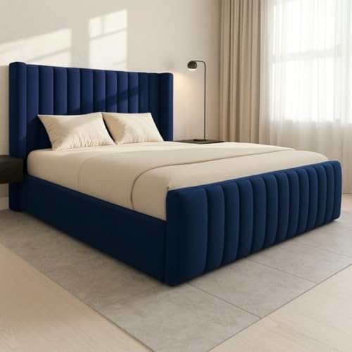 Bespoke Chesterfield Madrid Winged Bed Frame - UK made - Single/Double/King/Super King Size Plush Velvet Fabric Upholstered (Navy Blue Plush, Small double 4ft)