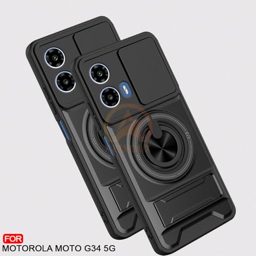Image of Moto G34 5G / G45 5G Back Cover | Armor Camera Slider 360 Degree Rotating Finger Ring Holder Case with Bracket Stand Back Case Cover (Compatible with MagSafe Accessories) (Black)