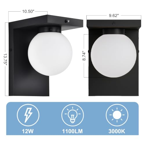 Image of Large LED Outdoor Wall Lights, Frosted Glass Globe Shade Outdoor Sconce, Black Exterior Light Fixtures with Dusk to Dawn Sensor, Waterproof 12W 3000K for Front Door, Garage, Patio, Porch, 1 Pack