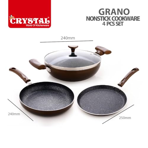 Image of Crystal Vivid Series Induction Base Non Stick Cookware Set- 4 Pcs | Tawa 250 mm + Fry Pan 240 mm + Kadai 240 mm + Glass Lid 240 mm | 3 mm Thickness | Metal Spoon Friendly