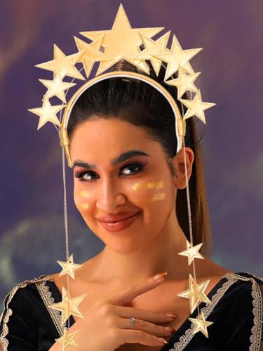 Fashband Diadema de estrellas dorada con halo para el pelo, diadema con purpurina, diadema para fiestas, festivales, disfraces, accesorios para el cabello para mujeres y niñas