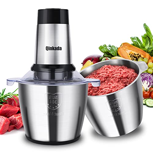 Comparison: Best Food Processor With Stainless Steel Bowl 7 Qinkada Food Processor, 2 Stainless Steel Bowls, 14Cup, 500W Powerful Electric Meat Grinder, 3 Speed Modes 4 Bi-Level Blades for Onion, Meat, Nuts, Fruit, Garlic, Vegetable, Baby Food