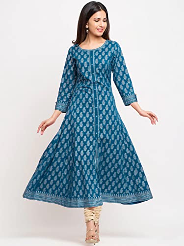 Image of Yash Gallery Women's Cotton Relaxed Fit Anarkali Plus Size Gold Printed Kurta