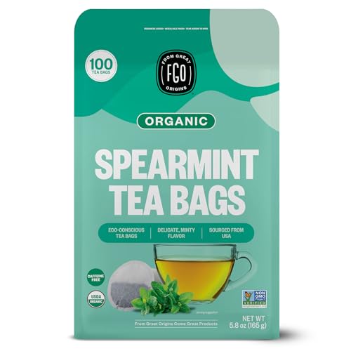FGO Organic Spearmint Leaf Tea, 100 Count, Eco-Conscious Tea Bags, Caffeine Free, Resealable Bag, Packaging May Vary (Pack of 1)