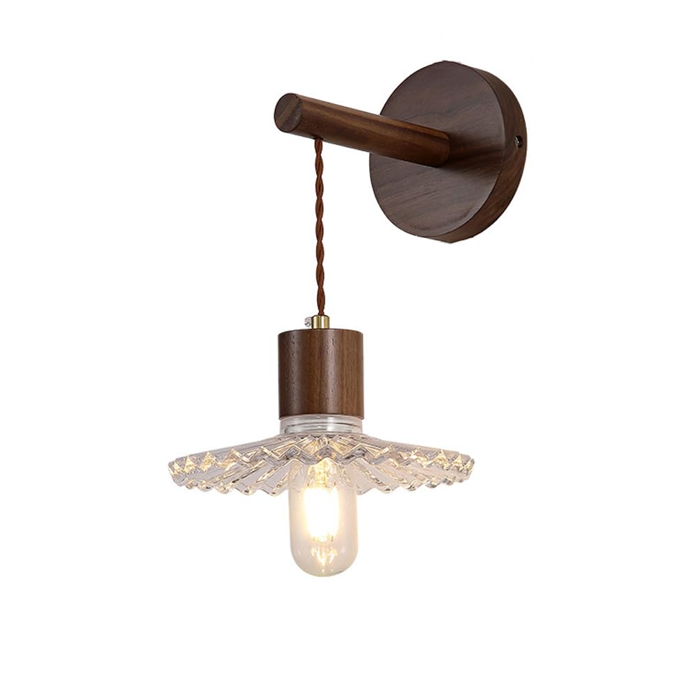 KBUUKYYXouy Vintage Wall Sconce Industrial Hardwired Ribbed Glass Wood Wall Light Fixture Mid Century Wood Wall Sconce Hanging Farmhouse Rustic Wall Mounted Lamp for Bedroom Living Room Bedside(C)