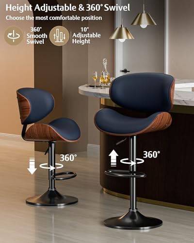 Bar Stools Set of 4, Adjustable Swivel Leather Bar Stools for Kitchen Island, Mid Century Modern Counter Height Bar Chairs Barstools with Back & Footrest (Blue)
